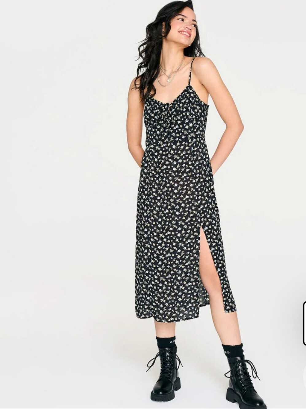 Aeropostale Floral Notch-Neck Ruched Midi Dress Sz XS